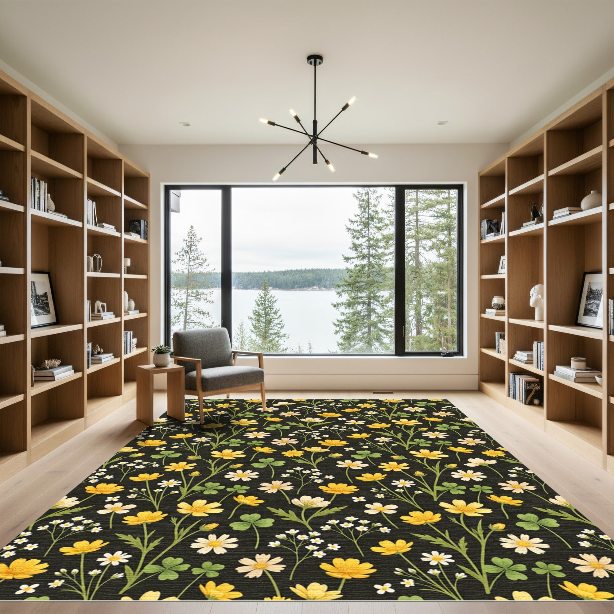 Yellow Meadow Flower Botanical Black Field Rug