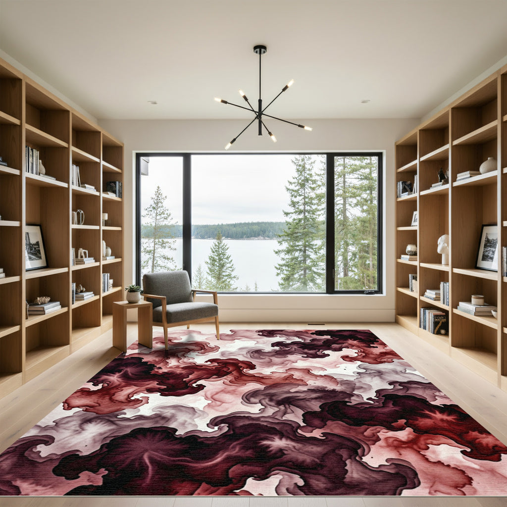 Dark Crimson Abstract Smoky Flow Rug