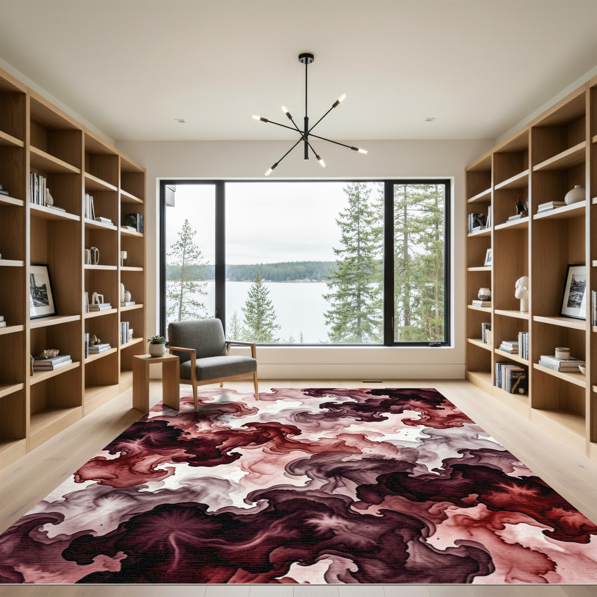 Dark Crimson Abstract Smoky Flow Rug