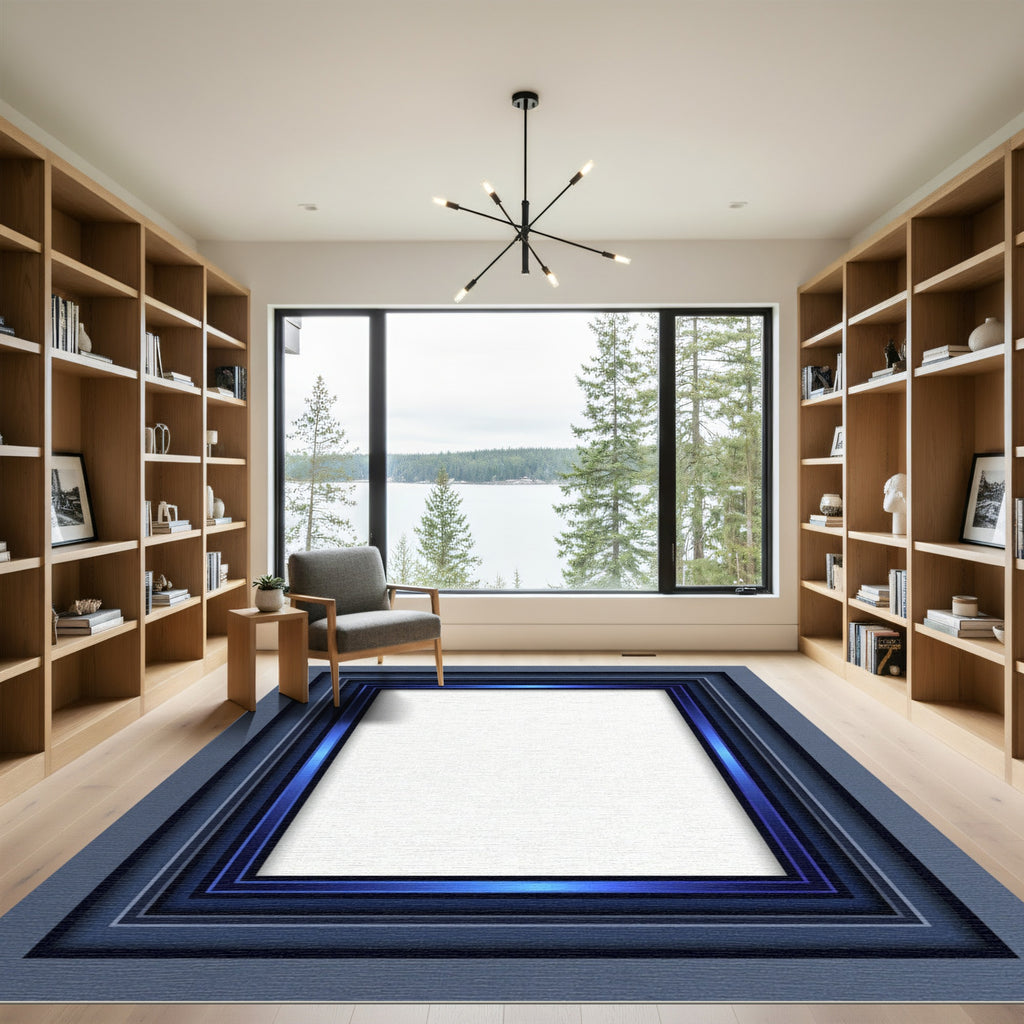 Layered Blue Metallic Geometric Frame Rug