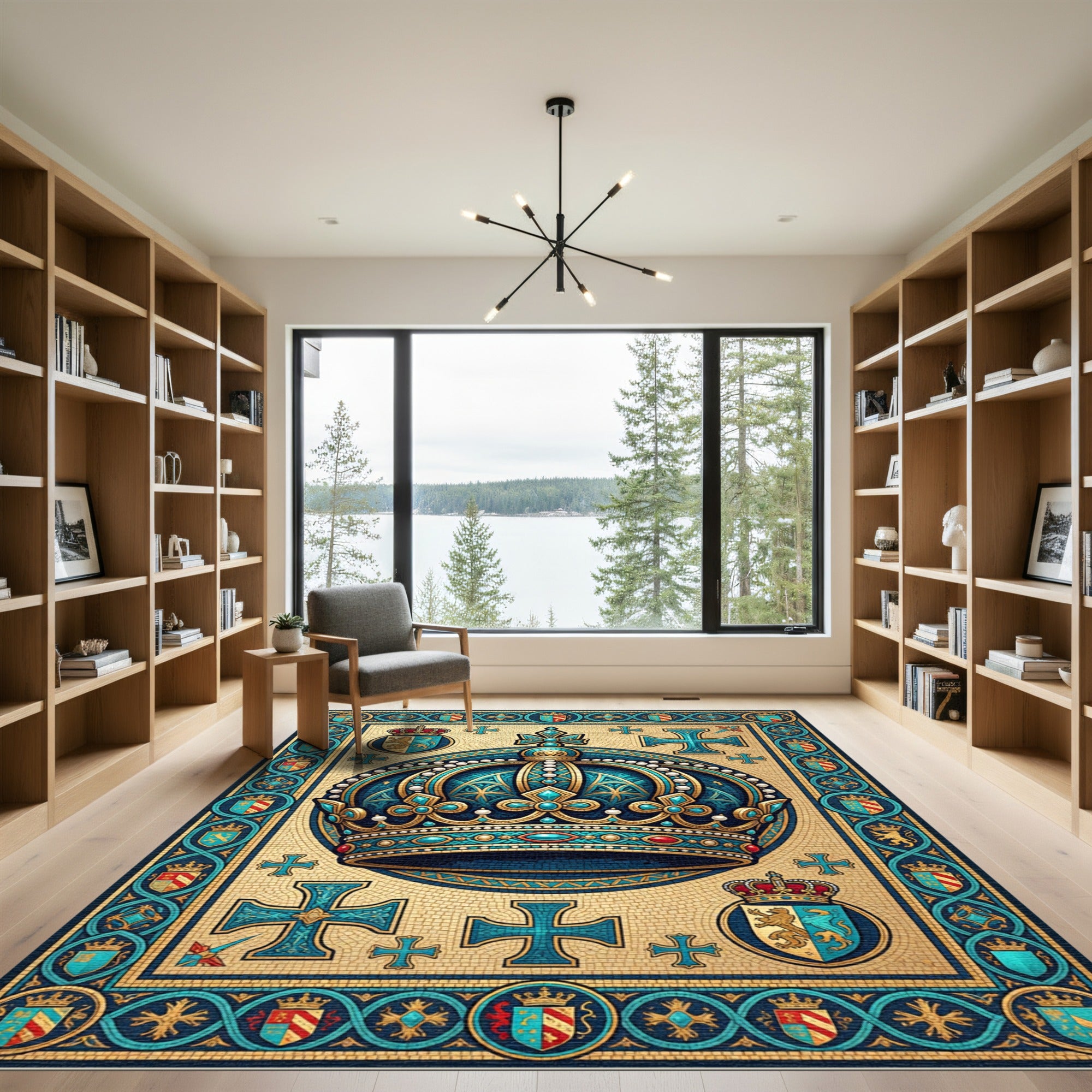 Royal Turquoise Crown Mosaic Emblem Rug