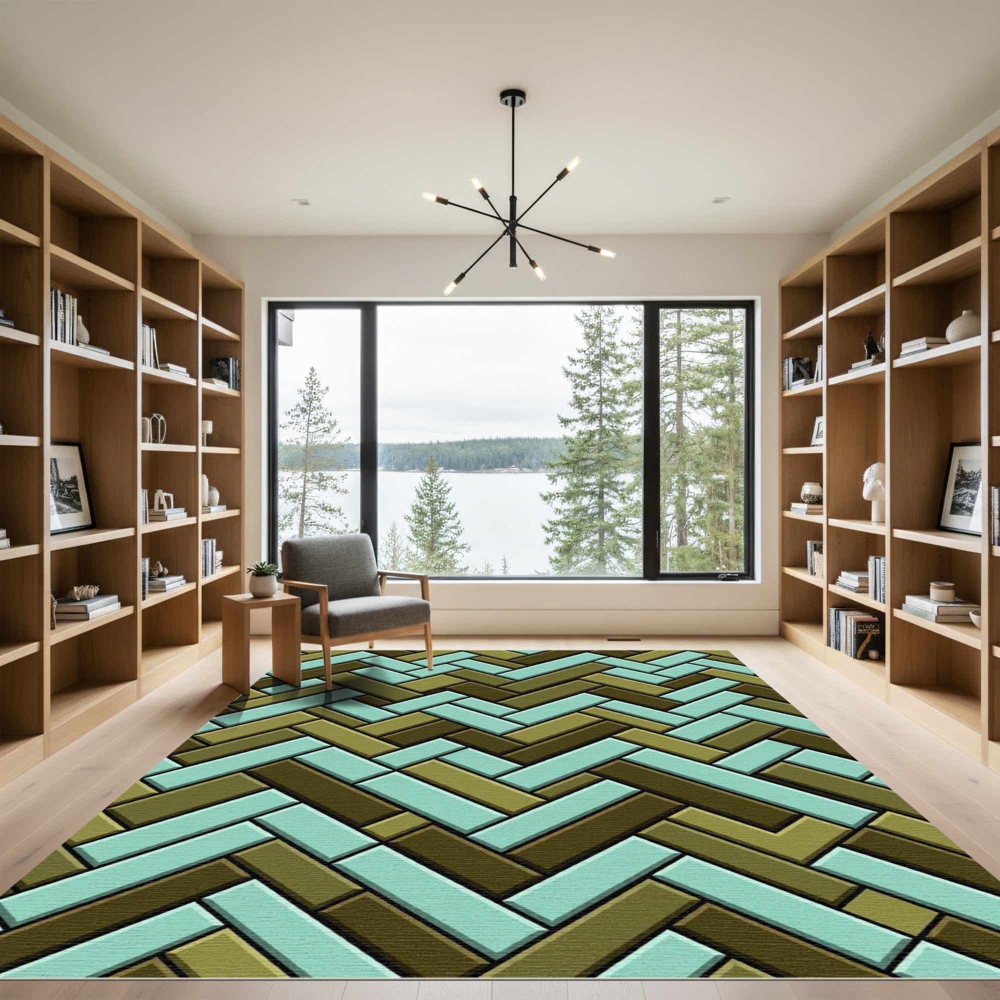 Sage and Olive Herringbone Tile Layout Rug