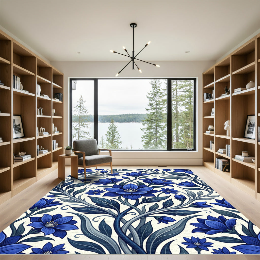 Deep Blue Floral Vine Arrangement Rug