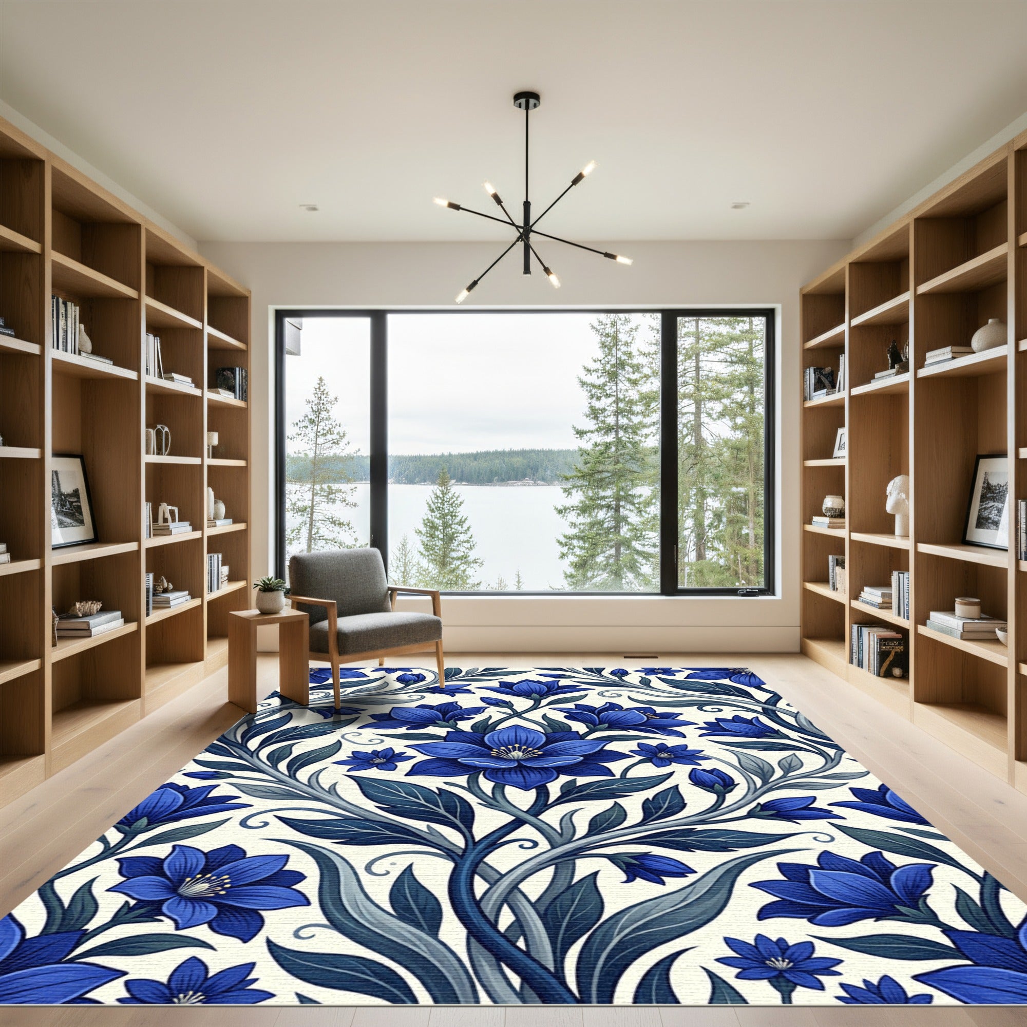 Deep Blue Floral Vine Arrangement Rug