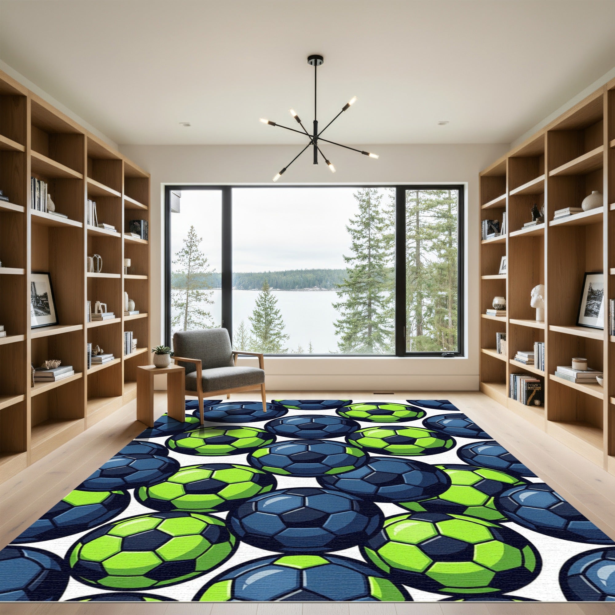 Vibrant Neon Soccer Ball Hexagon Grid Rug