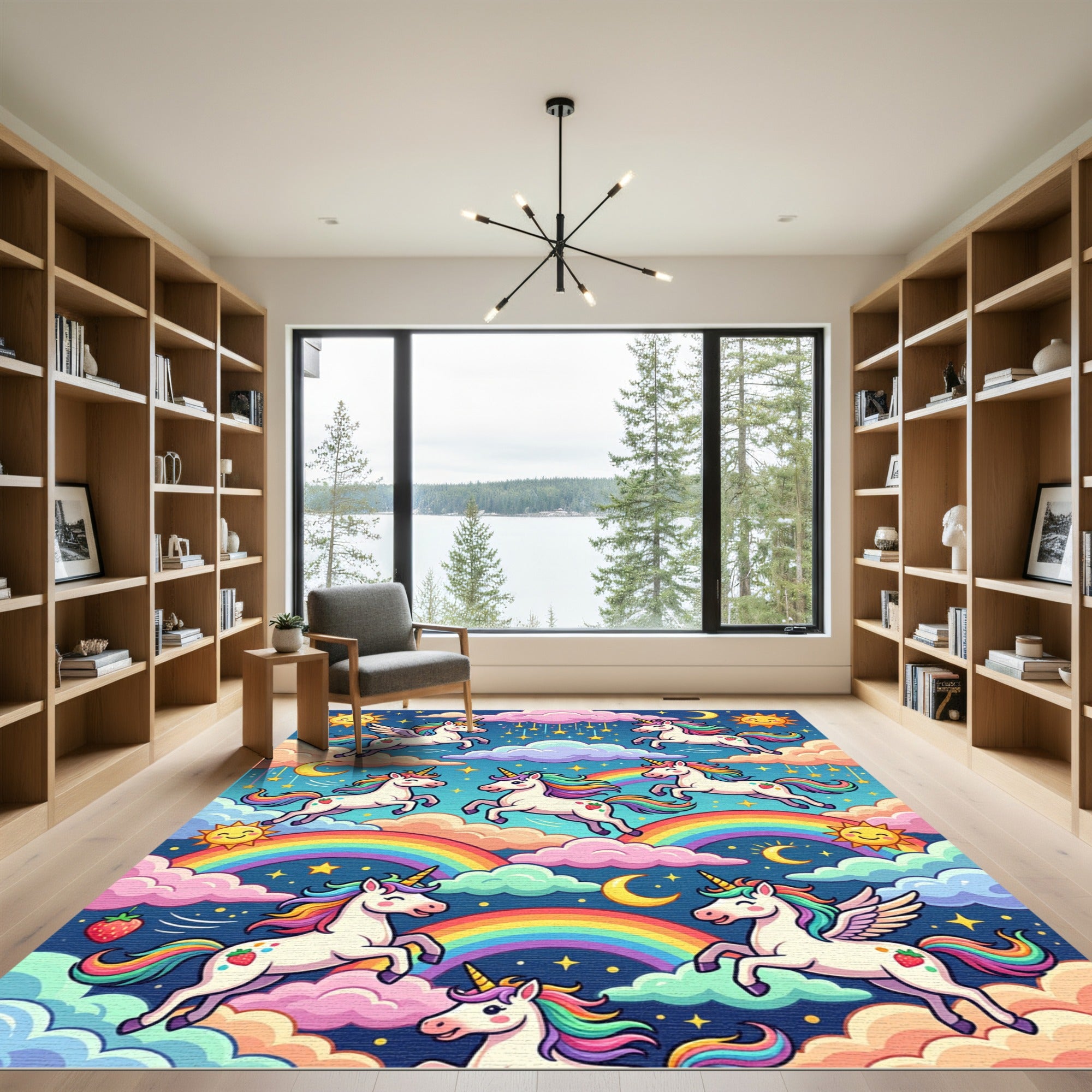 Whimsical Rainbow Unicorn Strawberry Sky Rug