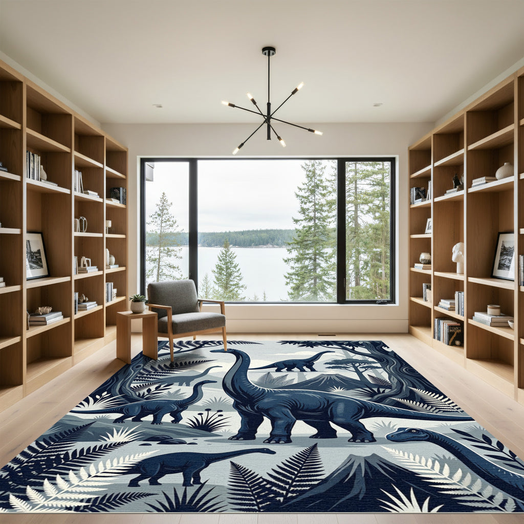 Monochrome Prehistoric Dinosaur Forest Landscape Rug