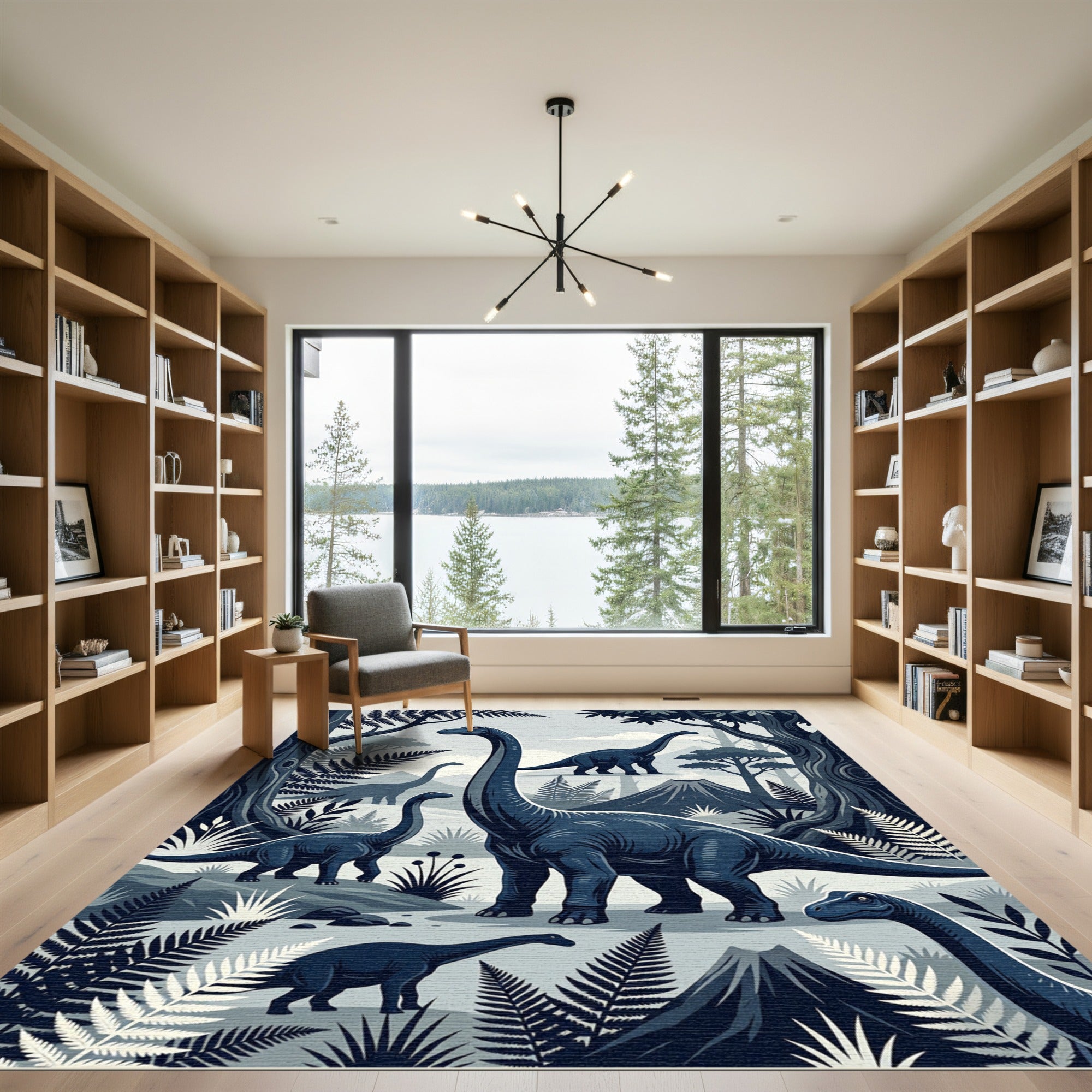 Monochrome Prehistoric Dinosaur Forest Landscape Rug