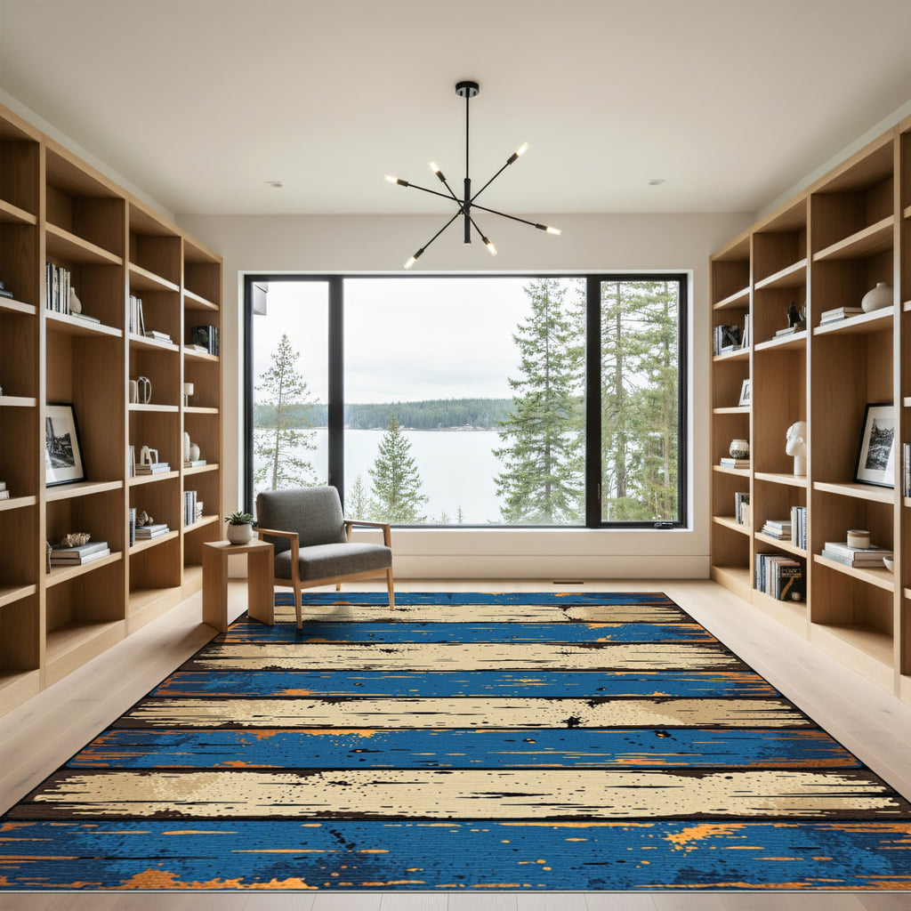 Rustic Blue and Tan Striped Plank Rug