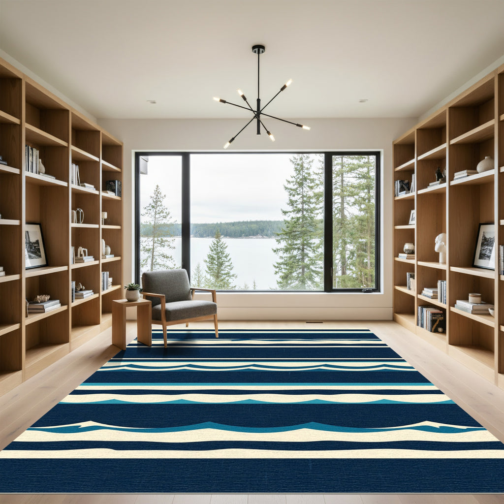 Coastal Navy Sea Wave Striped Rug