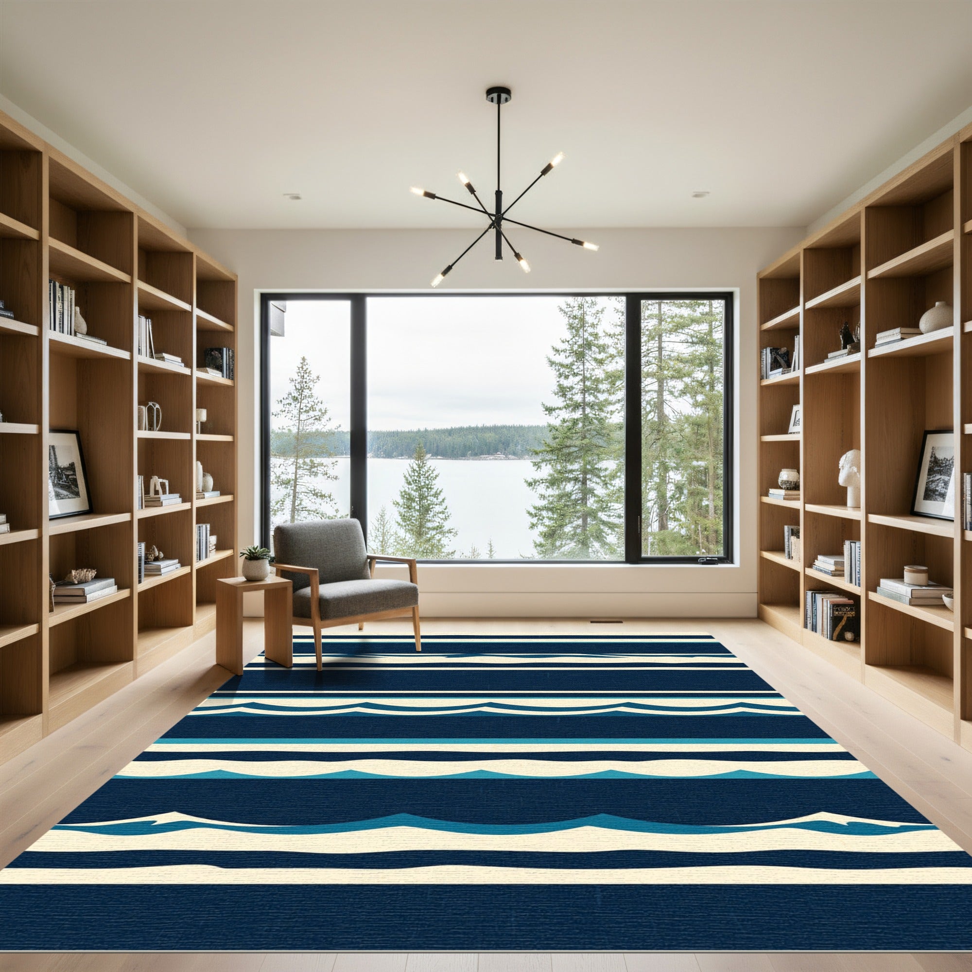 Coastal Navy Sea Wave Striped Rug