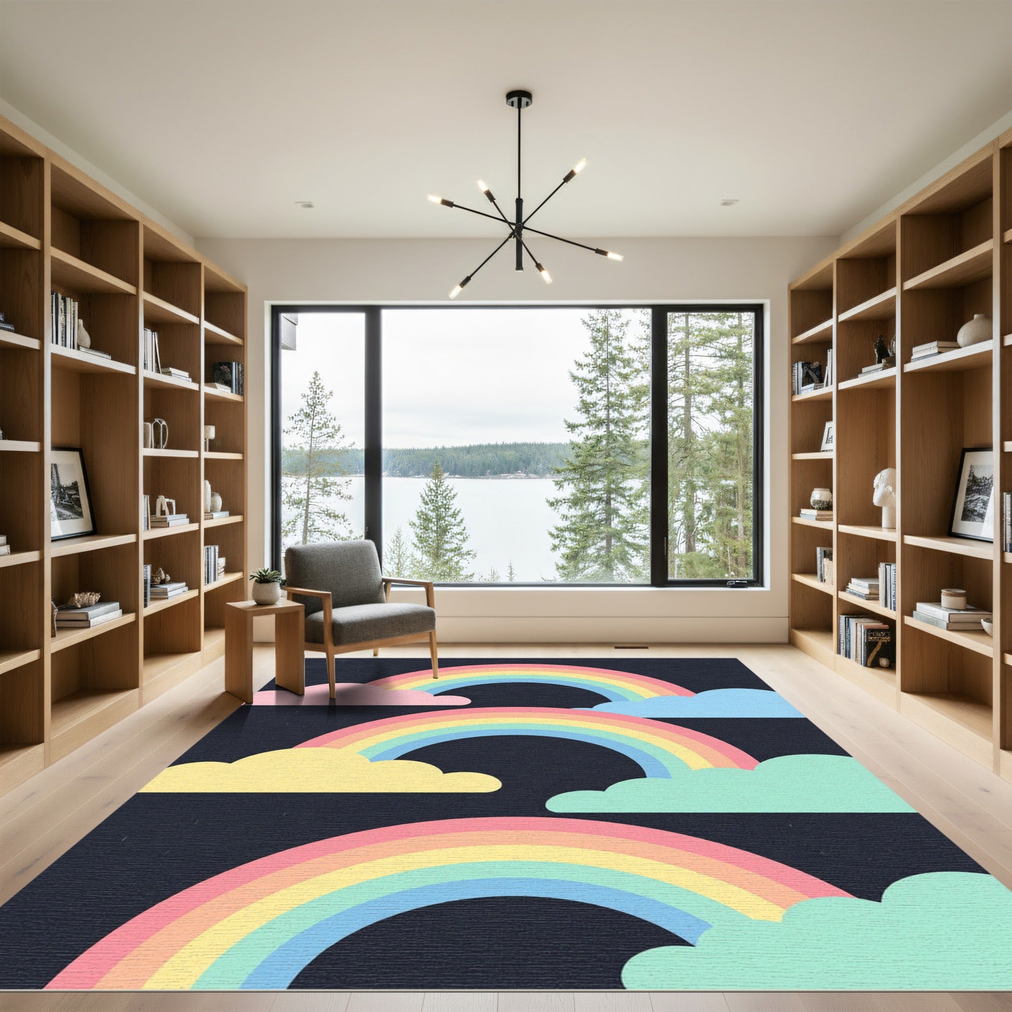 Pastel Rainbow Clouds on Dark Sky Rug