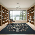 Ornate Metallic Silver Floral Scroll Rug
