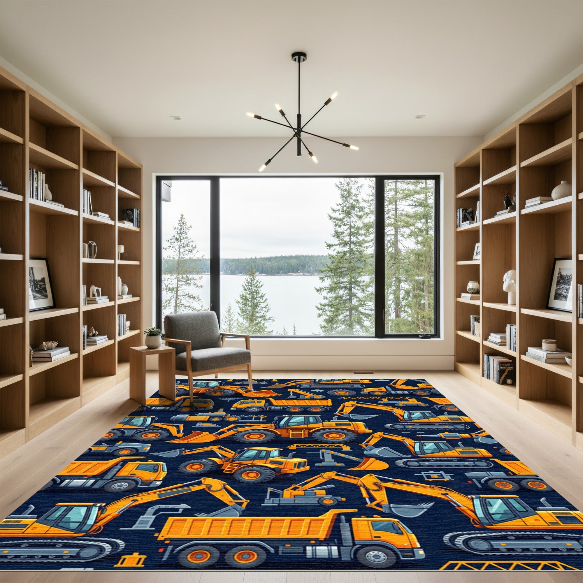 Vibrant Yellow Construction Vehicle Fleet Rug