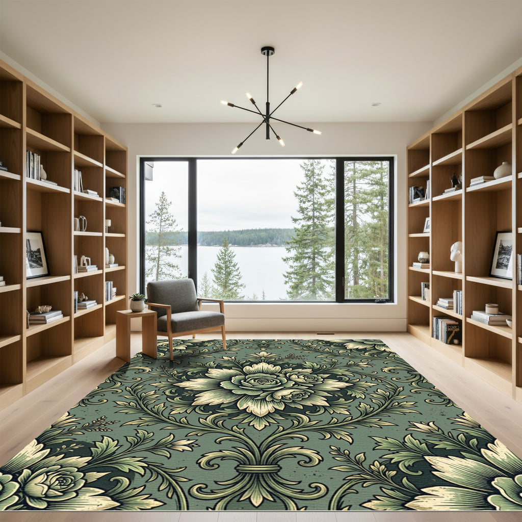 Sage Damask Rose Floral Scroll Rug