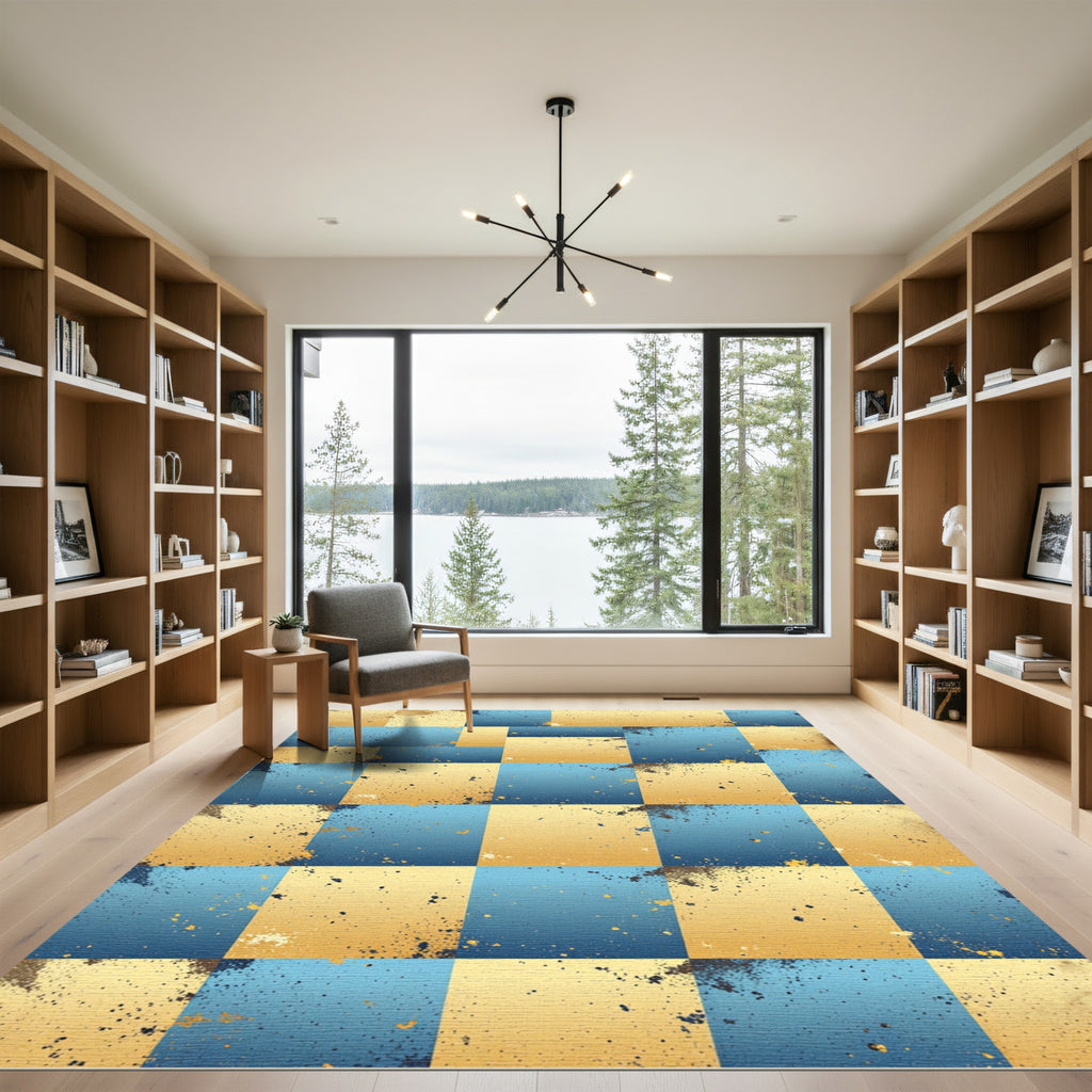Modern Abstract Blue Gold Checkered Mosaic Rug