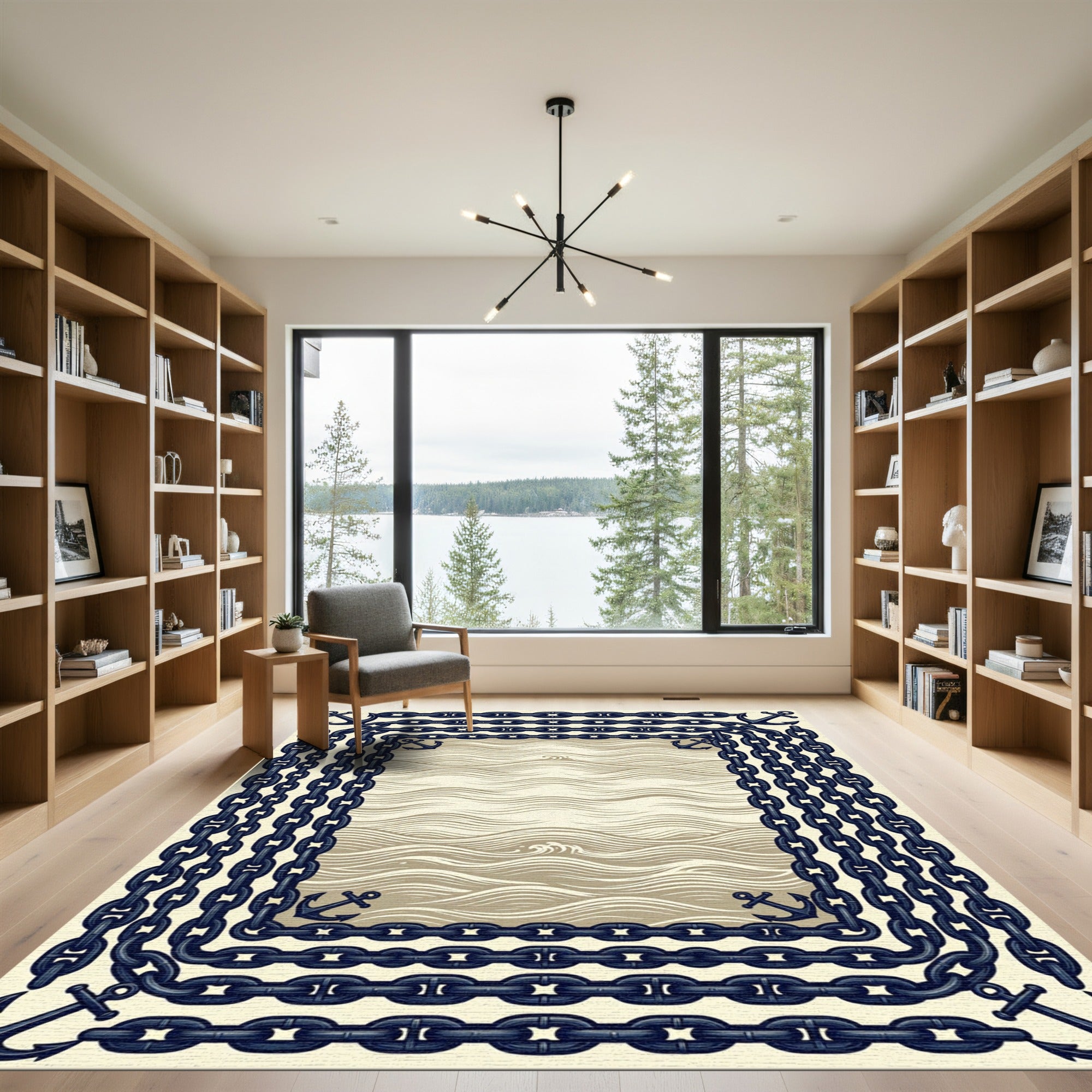 Nautical Anchor Chain Ocean Waves Frame Rug
