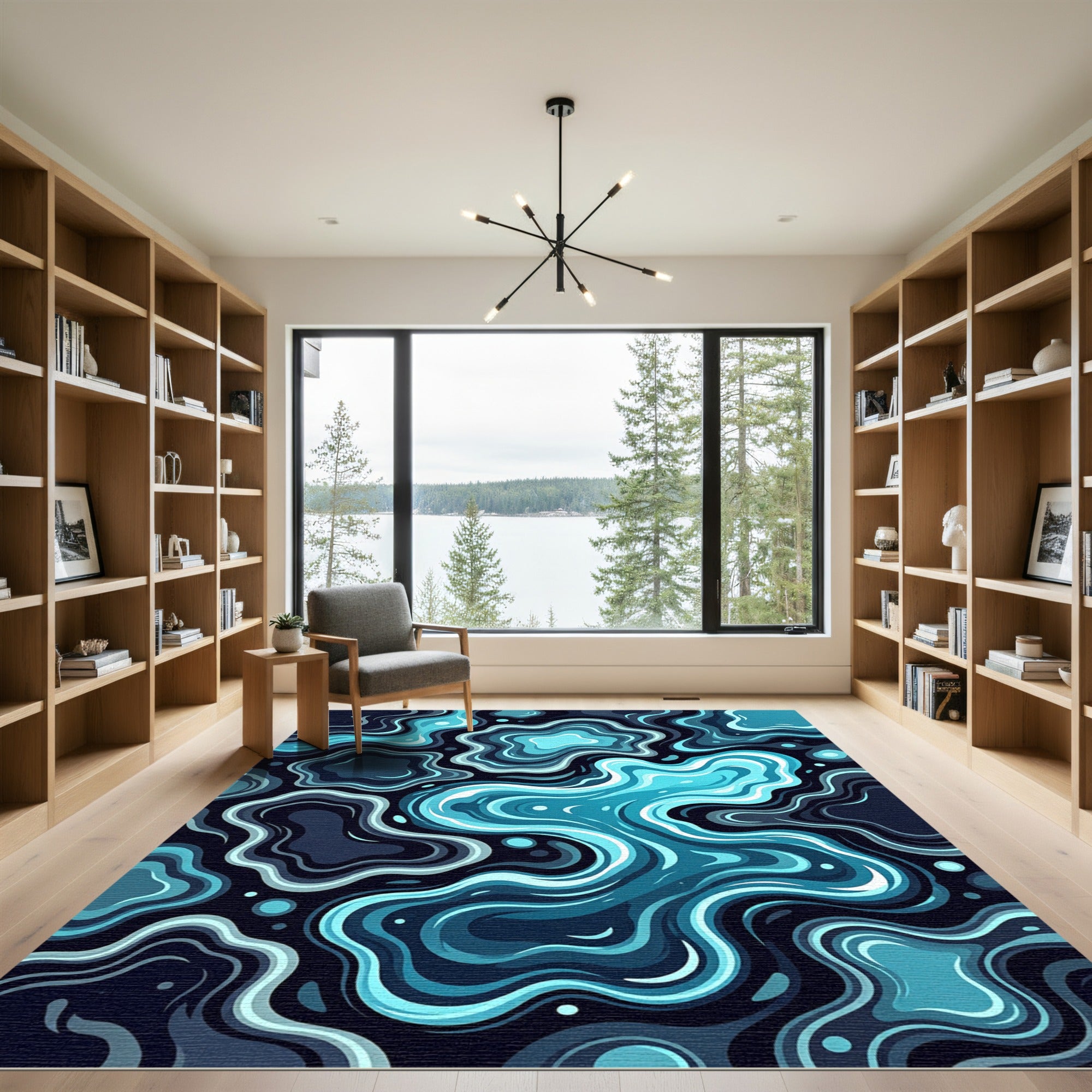Deep Blue Abstract Organic Flow Rug