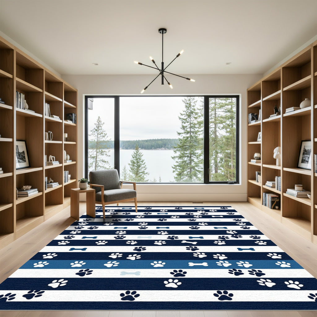 Navy Blue Striped Dog Paw Bone Rug