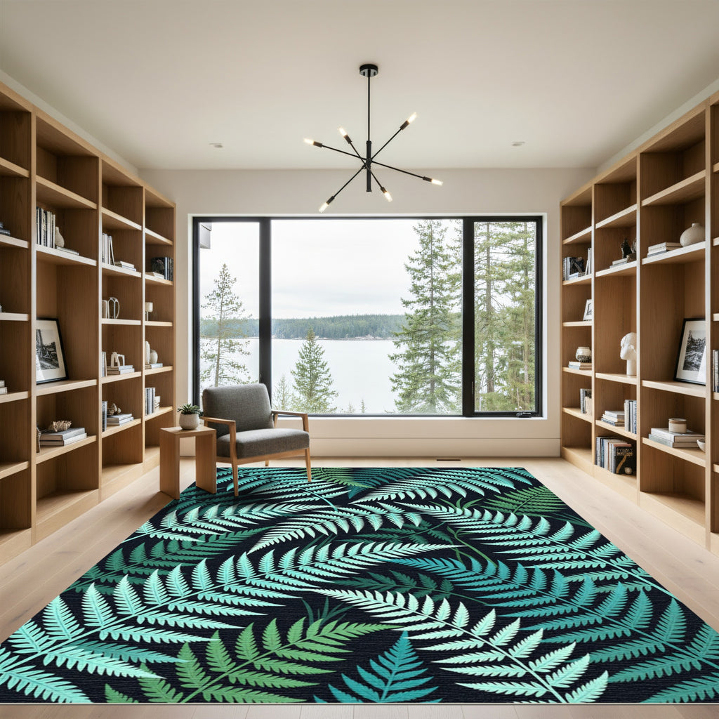 Lush Teal Tropical Fern Botanical Rug