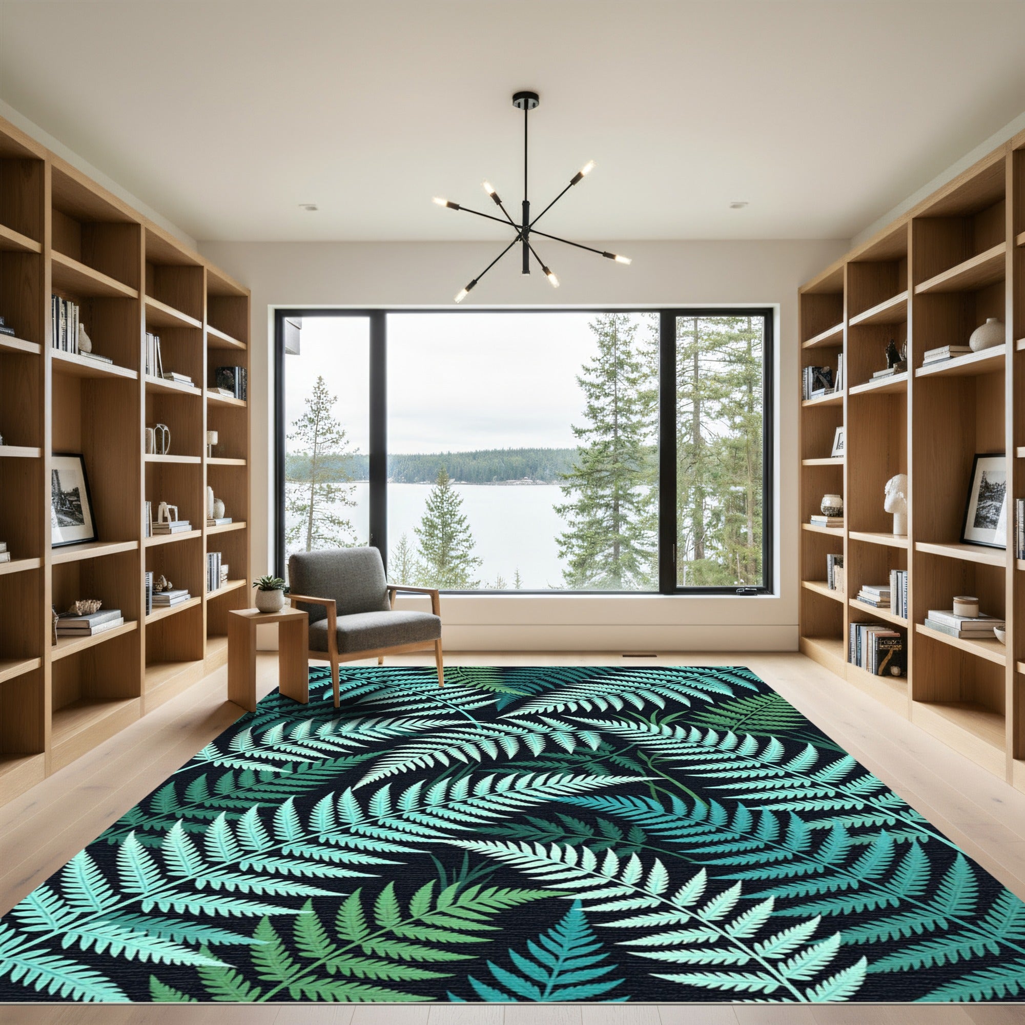 Lush Teal Tropical Fern Botanical Rug