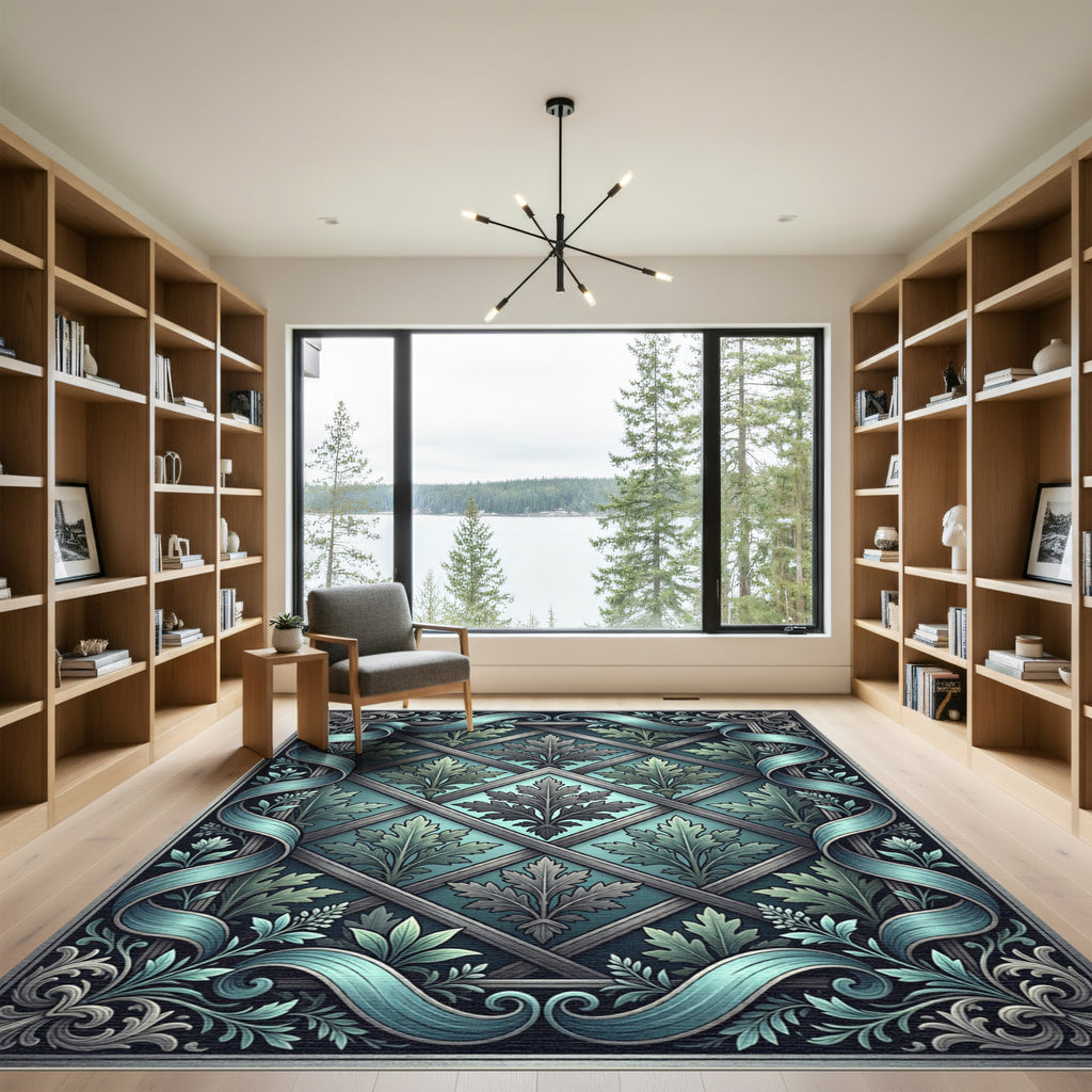 Teal Ascending Leaf Diamond Lattice Rug