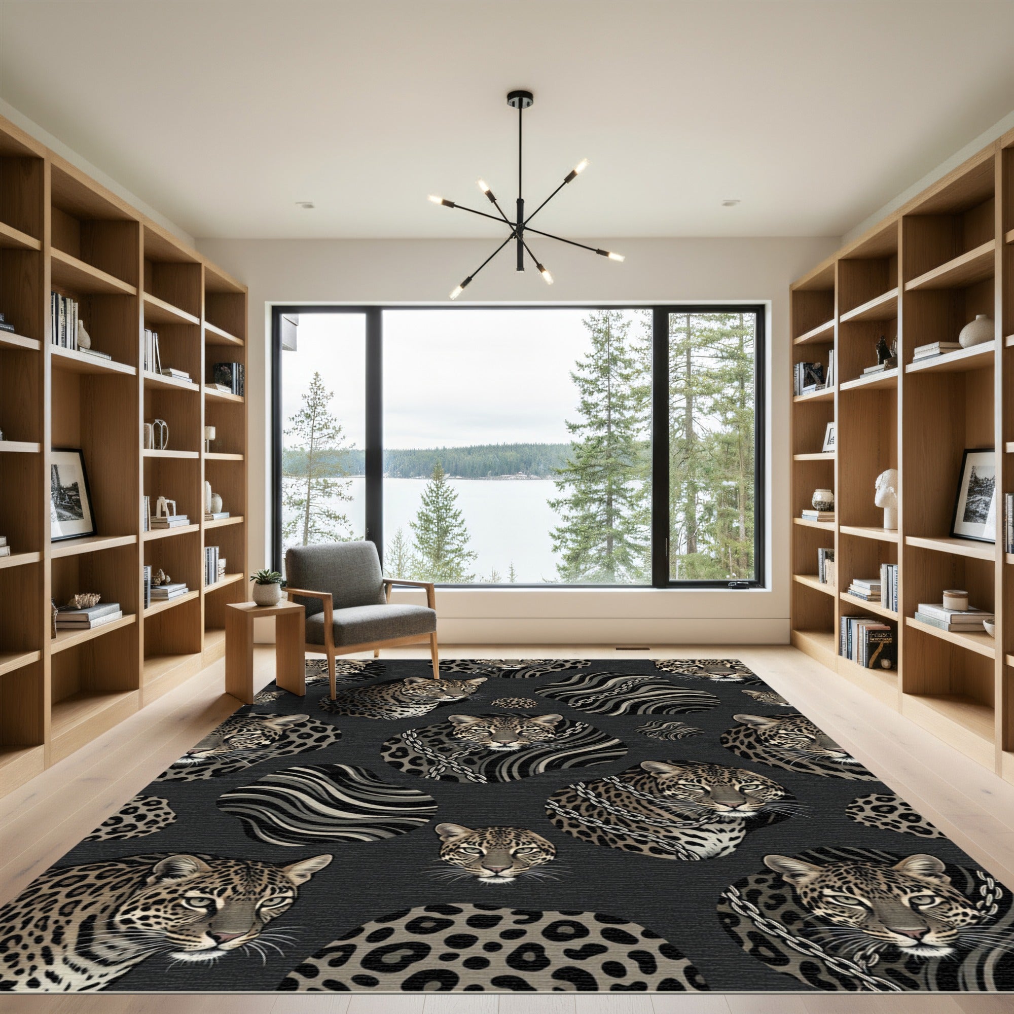 Leopard Heads With Silver Chain Accents Rug