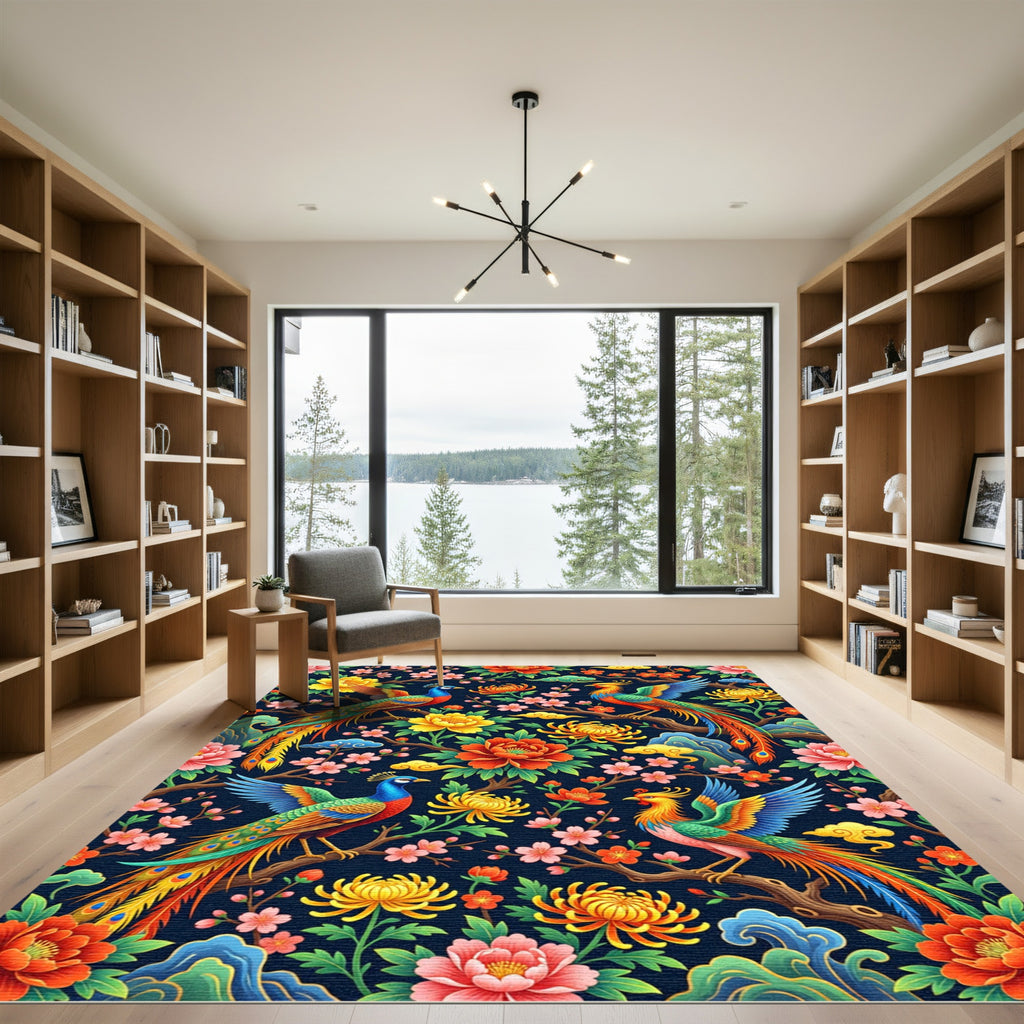Vibrant Floral Phoenix Peacock Chinoiserie Rug