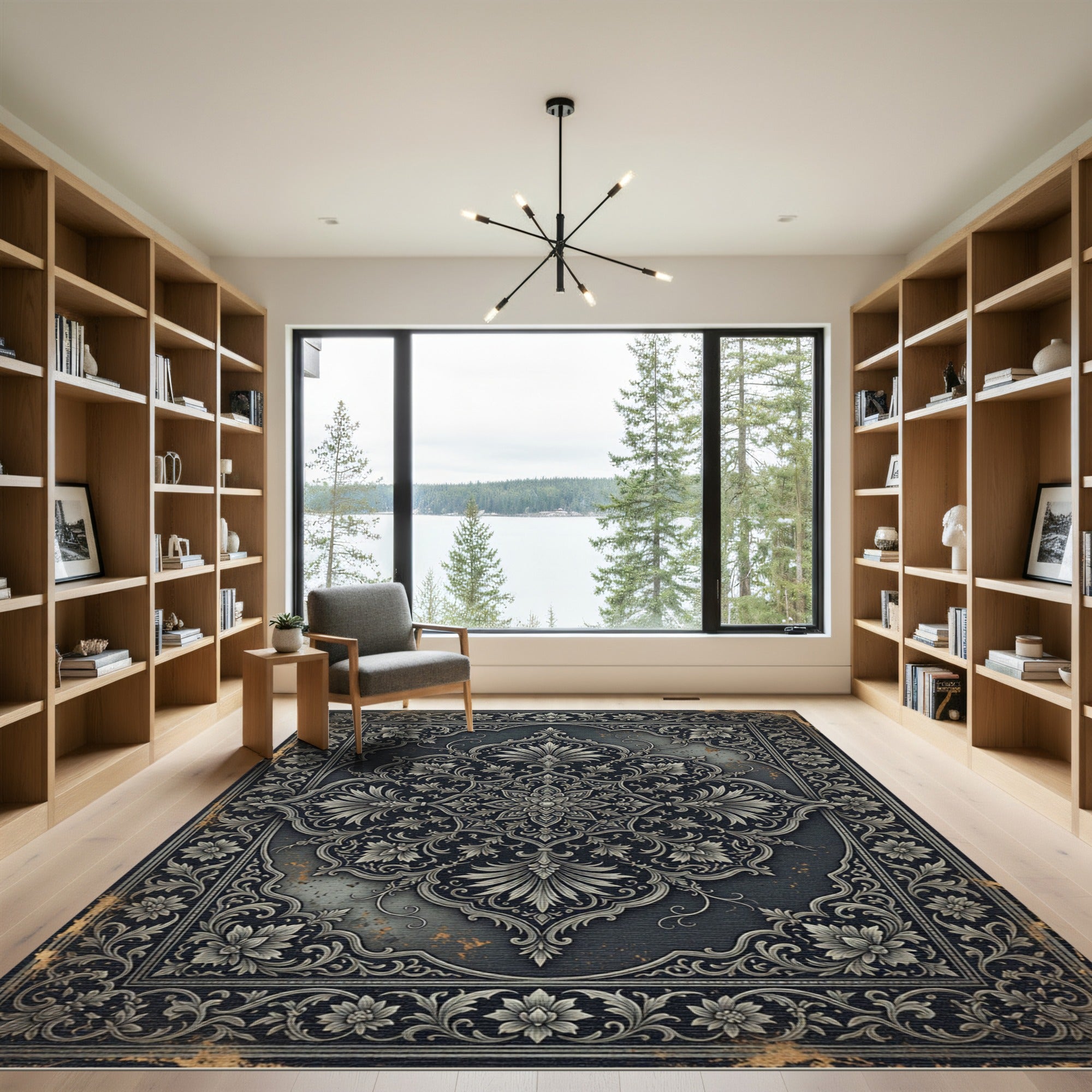 Ornate Gray Floral Scrollwork Medallion Rug