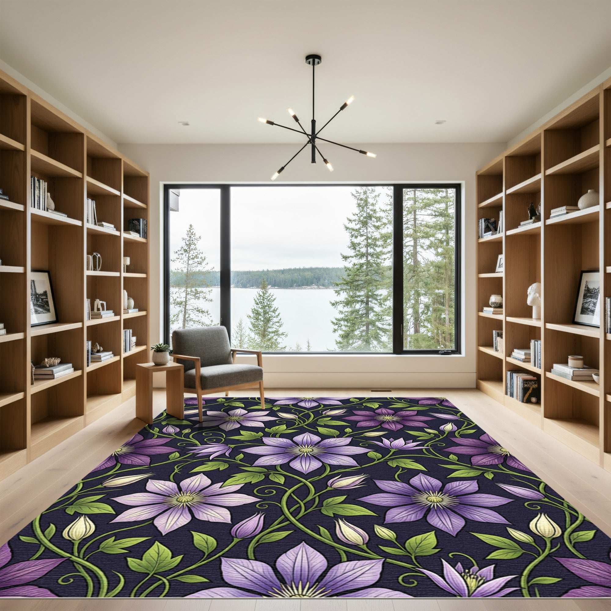Elegant Purple Clematis Botanical Floral Rug