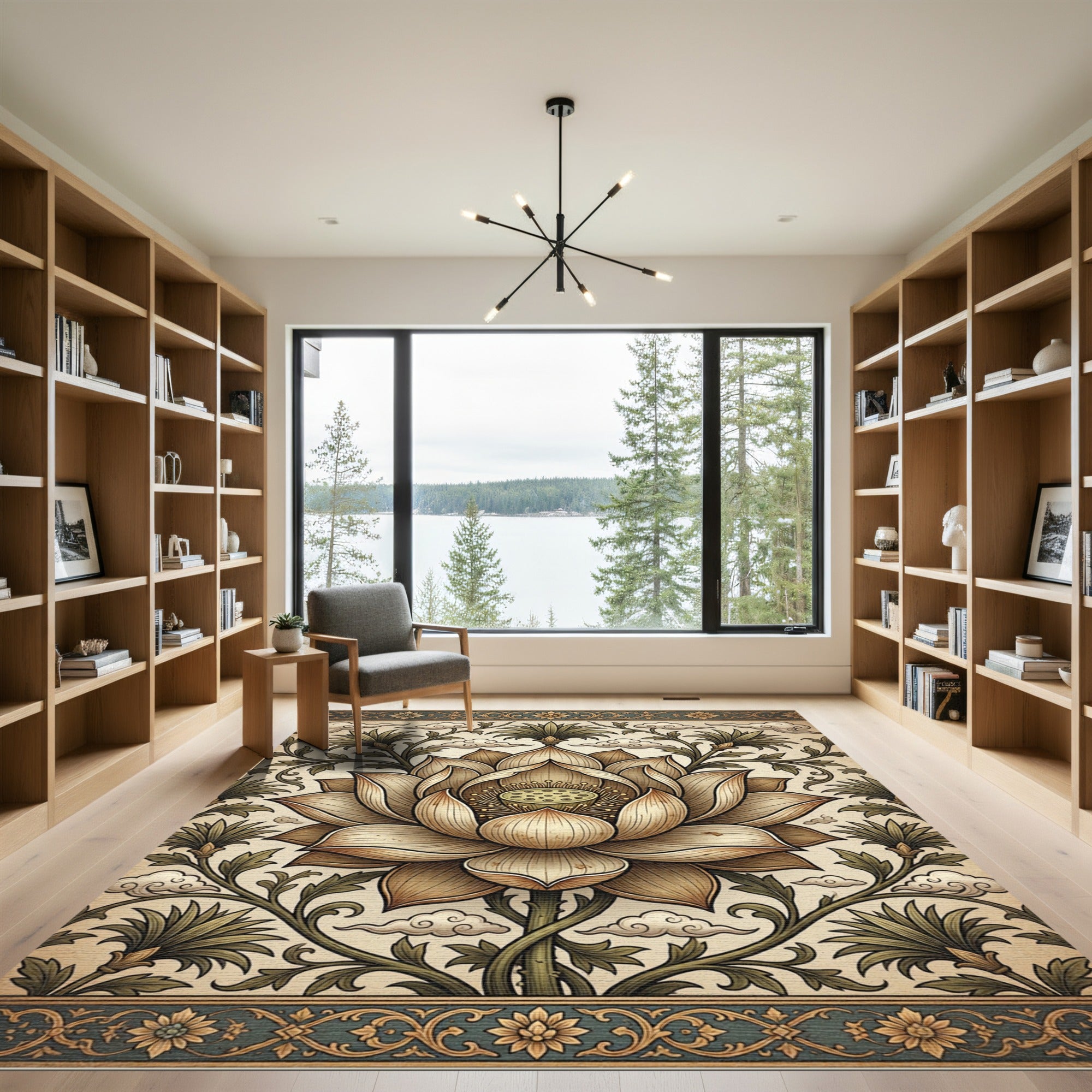 Neutral Cream Lotus Blossom Floral Rug