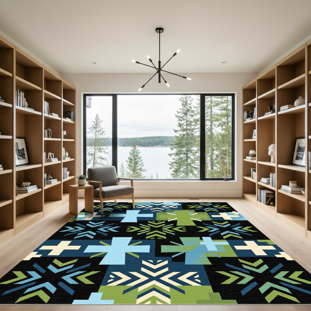 Modern Geometric Nordic Cross Blue Green Rug