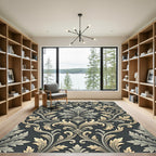 Elegant Charcoal and Cream Damask Accents Rug