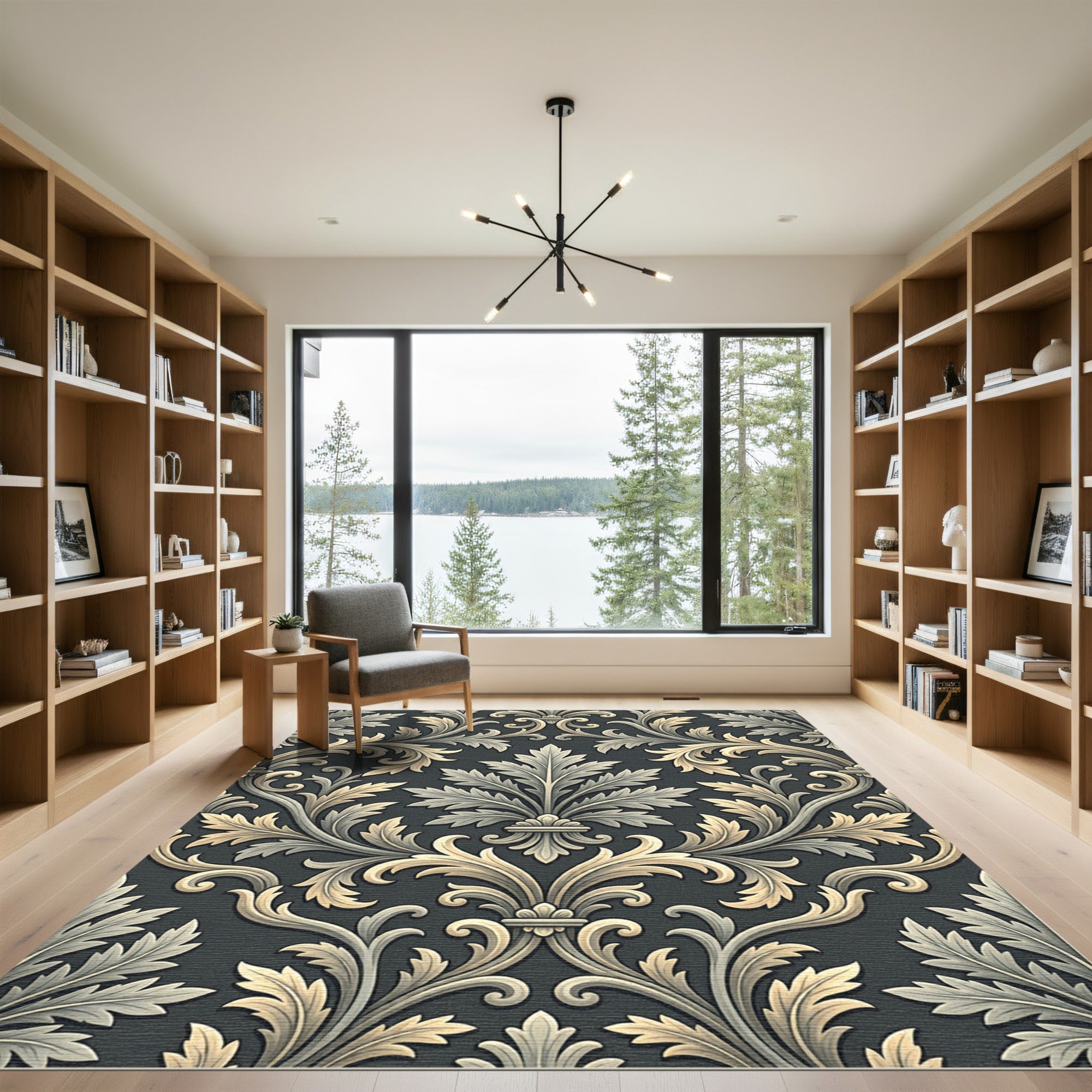 Elegant Charcoal and Cream Damask Accents Rug