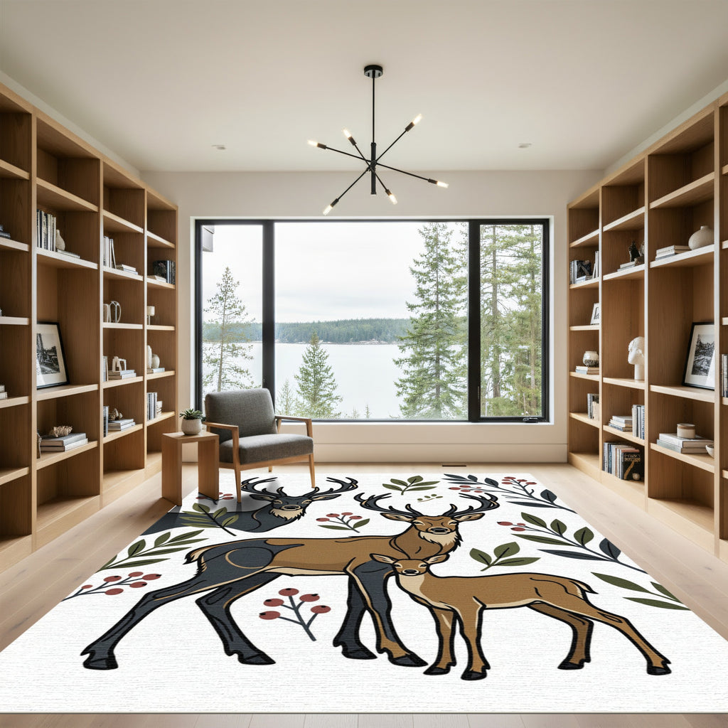 Rustic Woodland Deer and Berry Illustration Rug