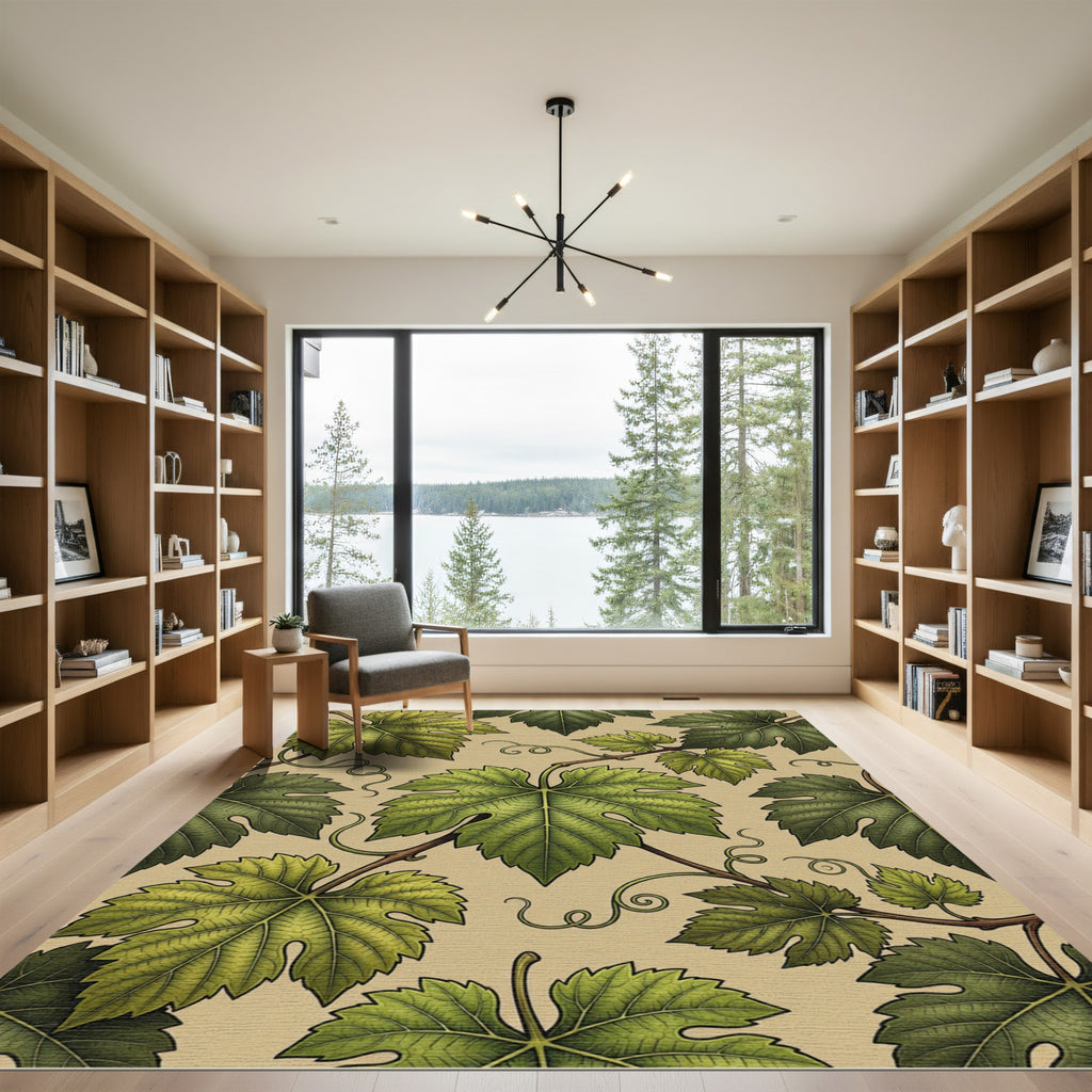 Lush Green Botanical Grape Vine Art Rug