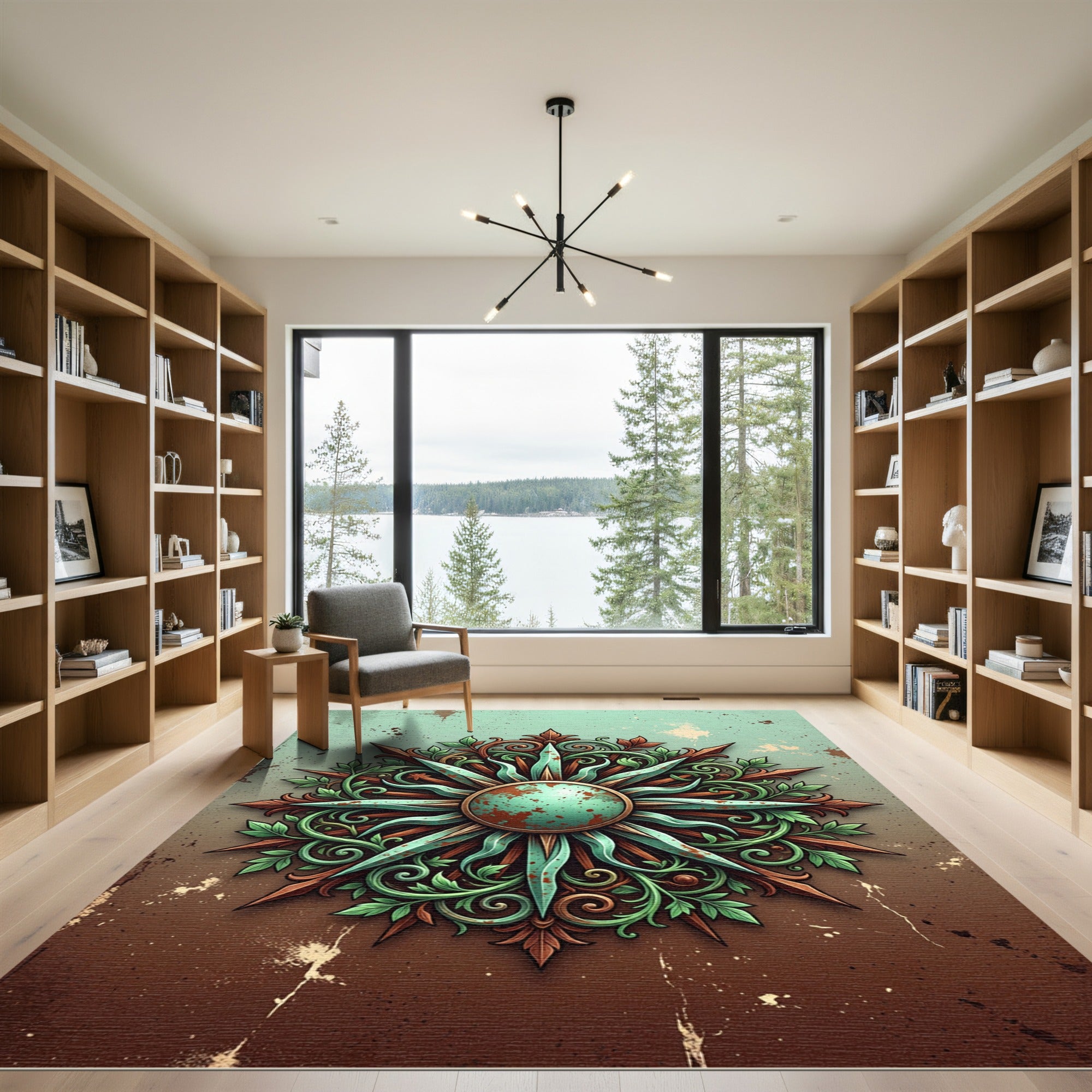 Ornate Copper Teal Sunburst Medallion Rug