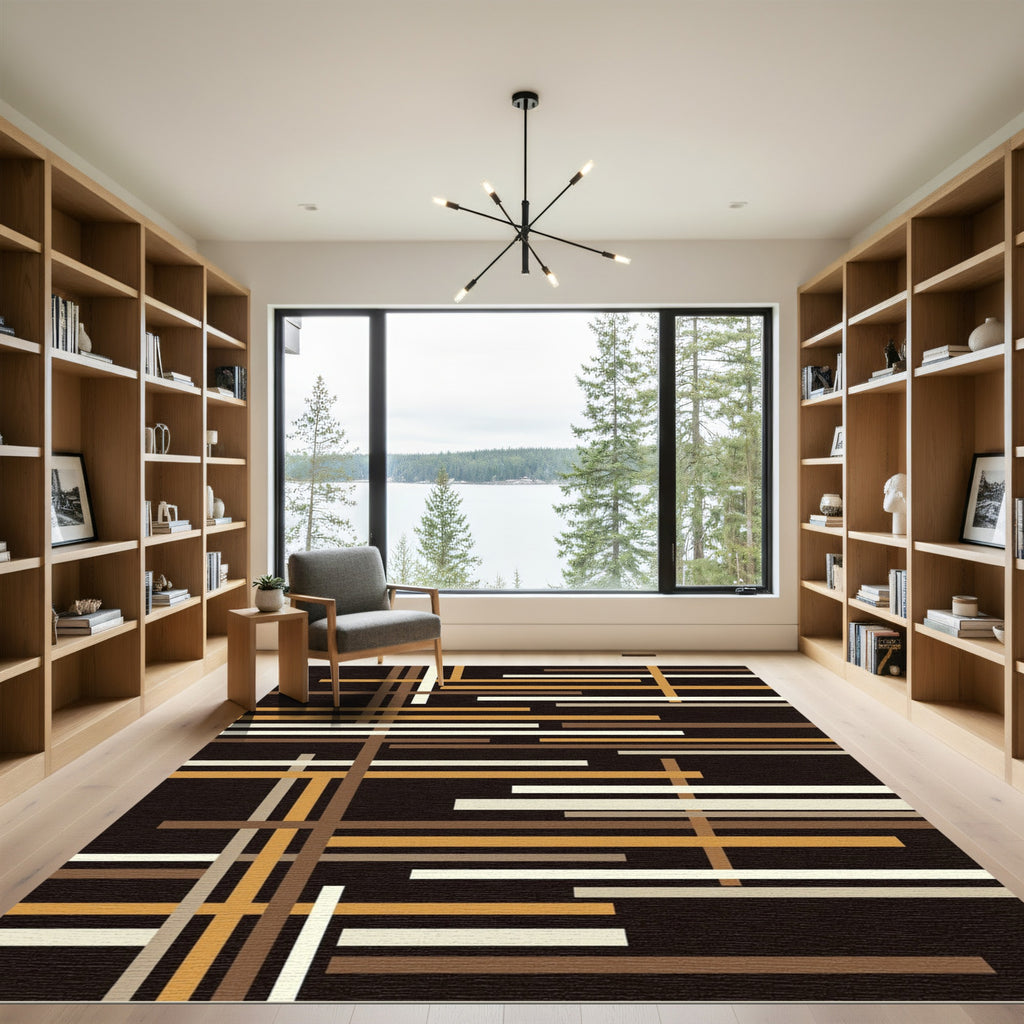 Mid-Century Modern Earth Tone Linear Grid Rug