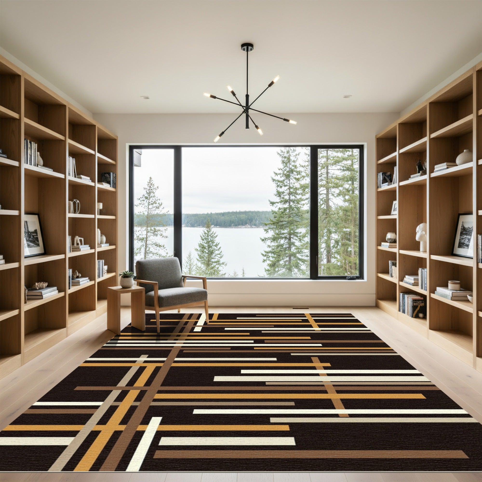 Mid-Century Modern Earth Tone Linear Grid Rug