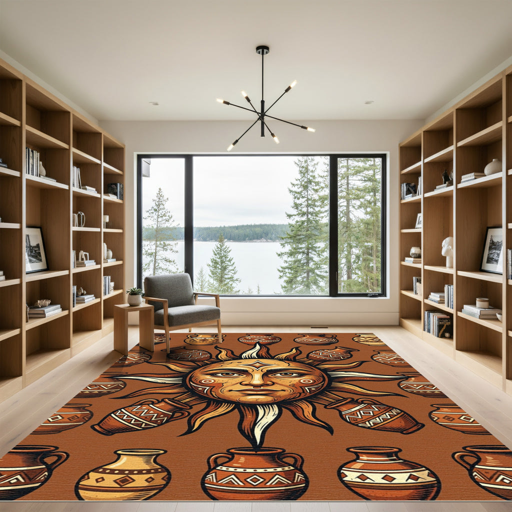 Earthy Sun Face Clay Vessel Rug