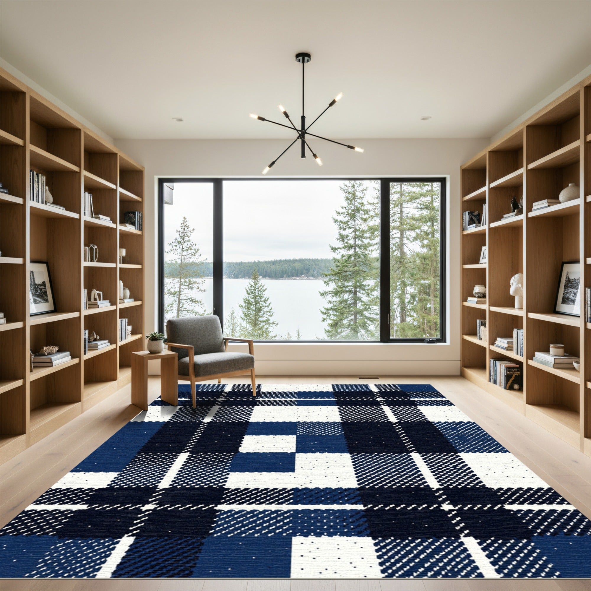 Navy and White Plaid Checkered Rug
