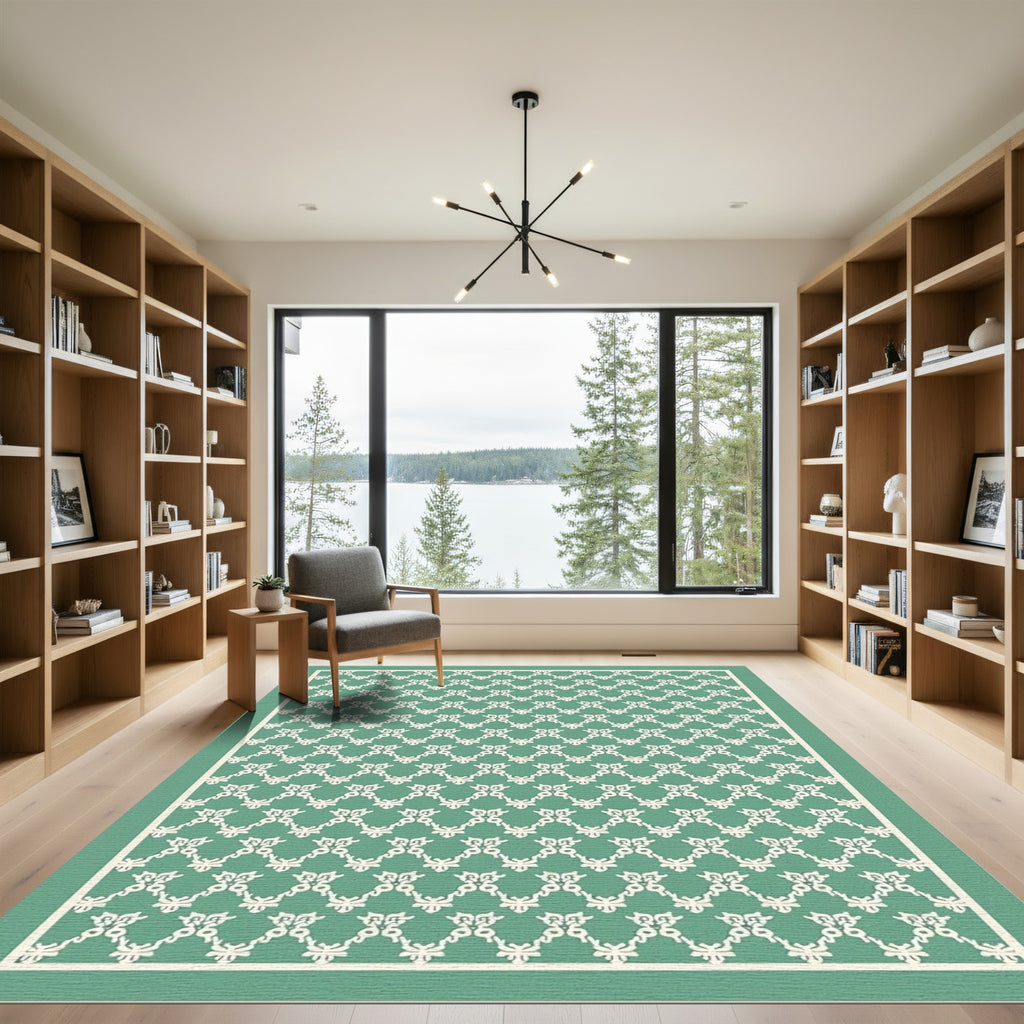 Teal White Repeating Interlocking Ornate Rug