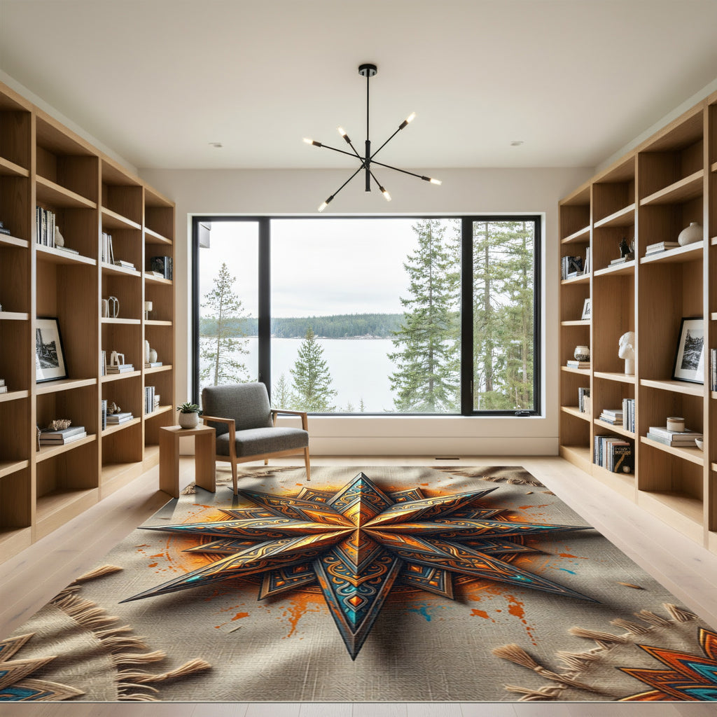 Ornate Metallic Gold Sunburst Celestial Rug