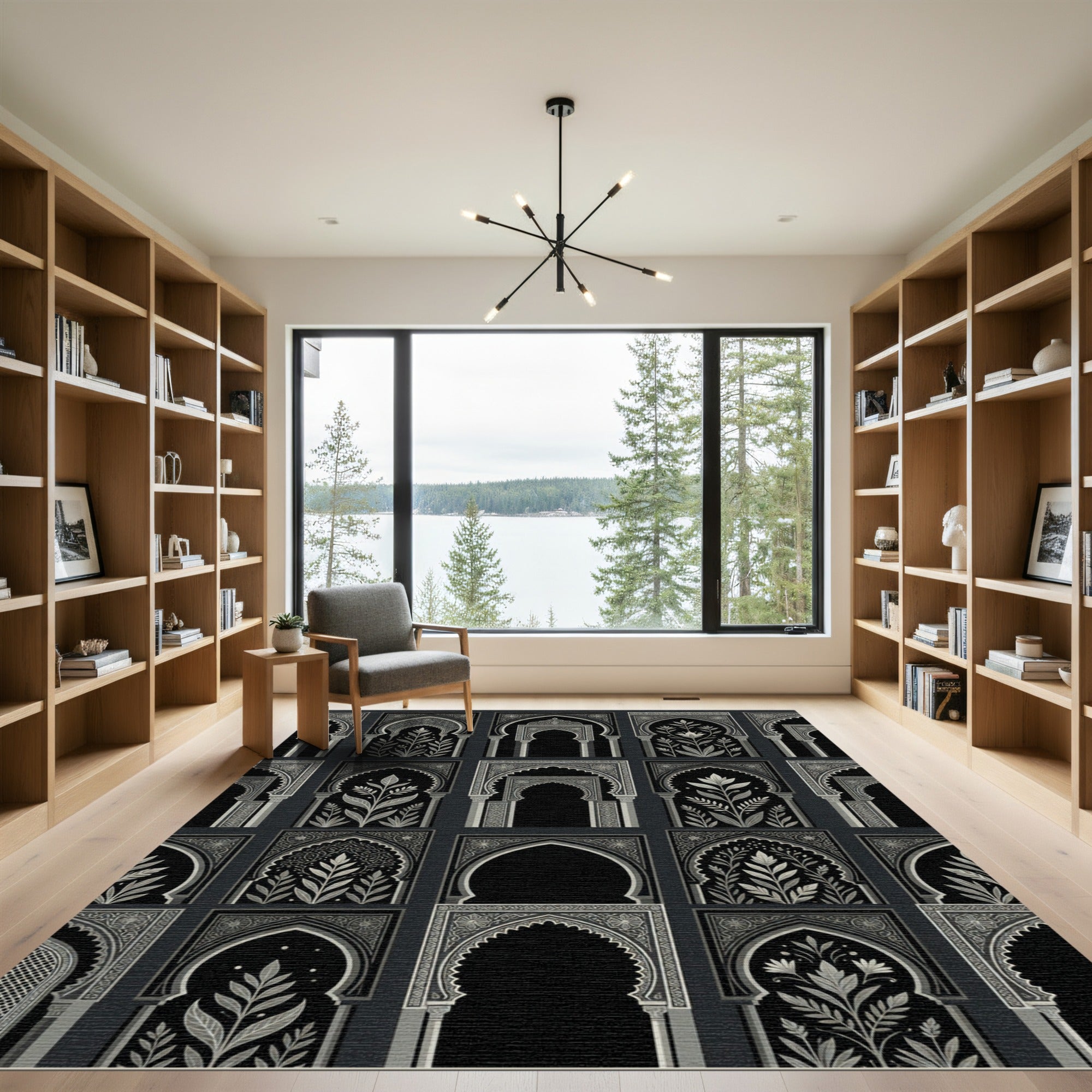 Ornate Black White Arches Foliage Rug