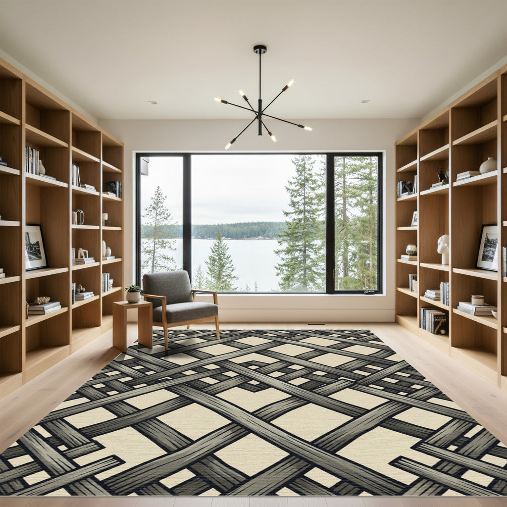 Beige Interwoven Gray Wicker Lattice Rug