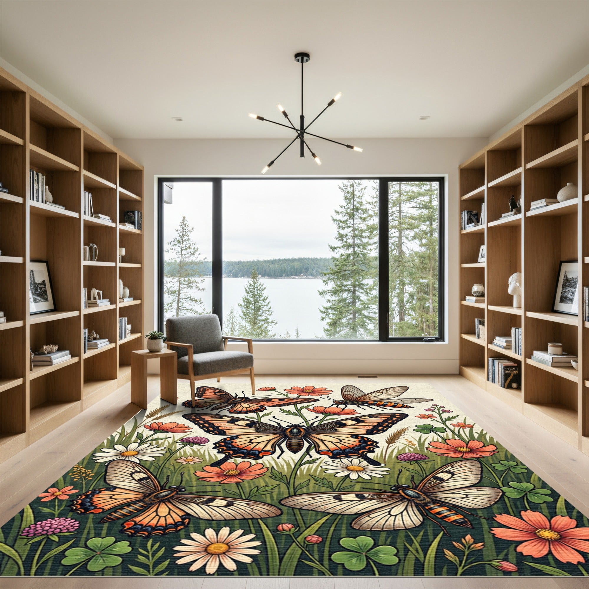 Whimsical Golden Butterfly Meadow Rug