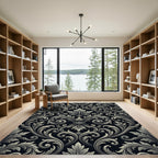 Ornate Black White Acanthus Scroll Rug