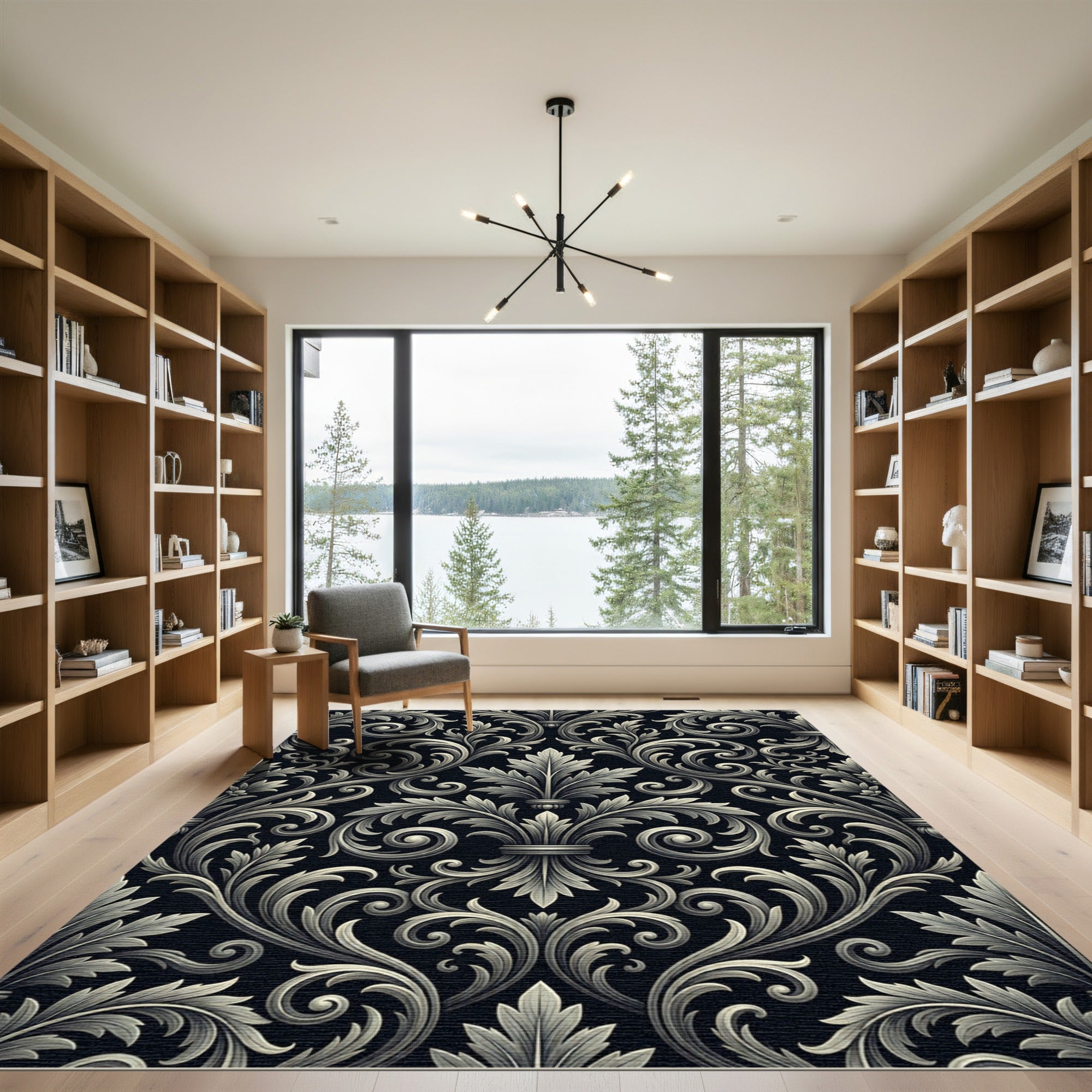 Ornate Black White Acanthus Scroll Rug