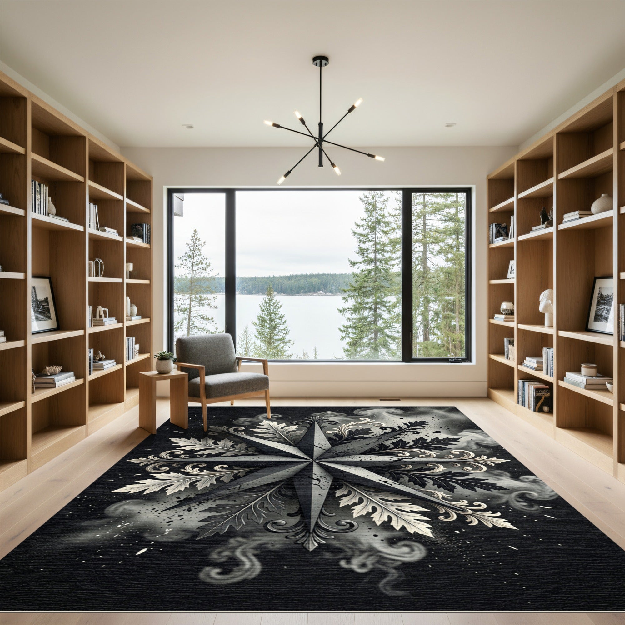 Ombre Black White Floral Starburst Rug