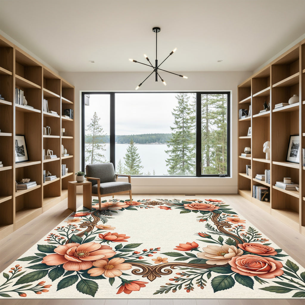 Peach Coral Floral Scroll Border Rug